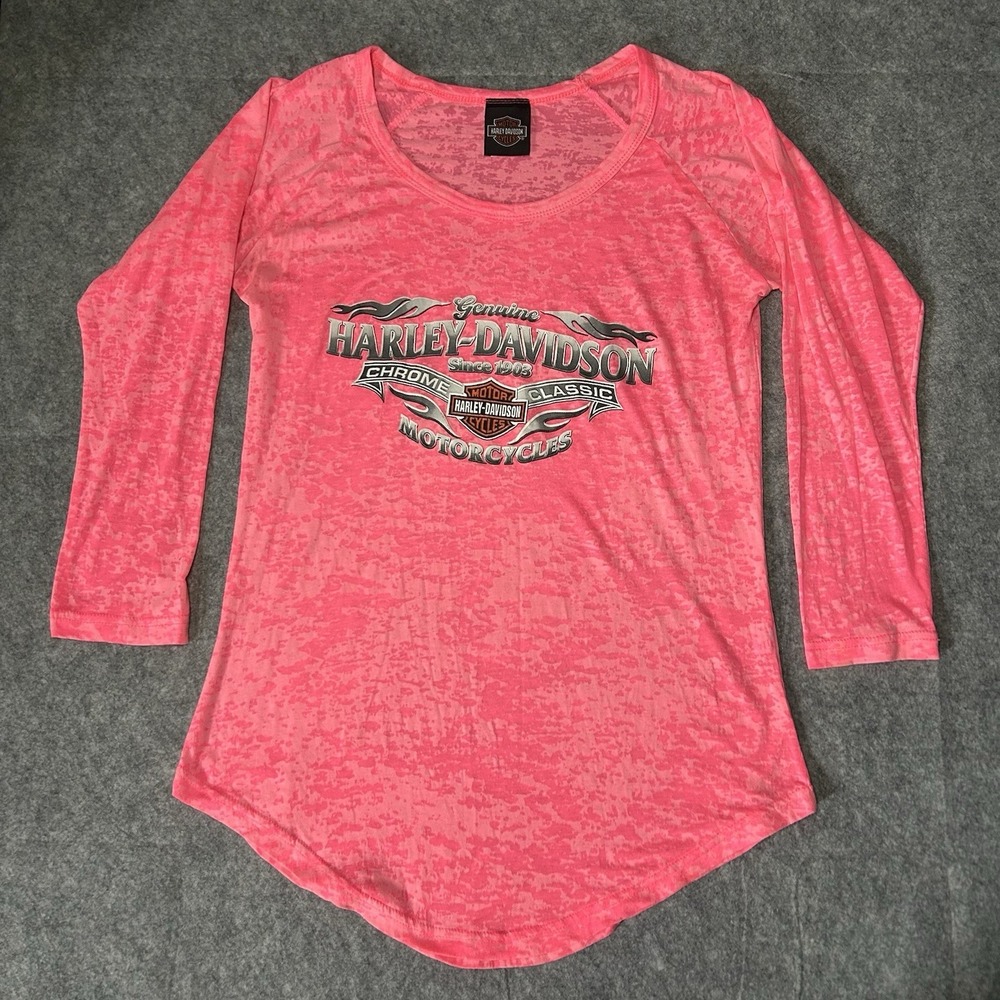 Harley Davidson Women's Xl Pink Long Sleeve Chrome Classic Light Shirt Y2k
